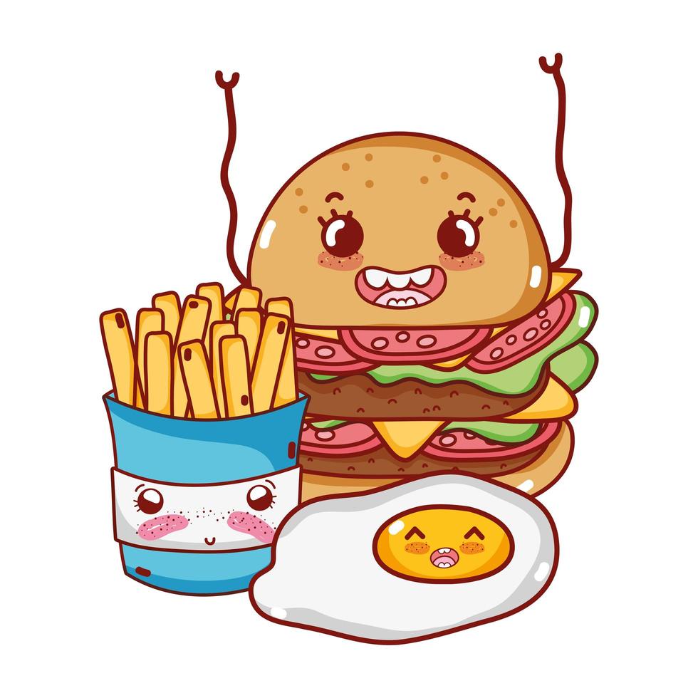 comida rápida, lindo, papas fritas, huevo, y, hamburguesa, caricatura vector