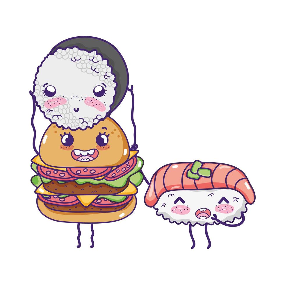 Linda hamburguesa de comida rápida con sushi con pescado cartoon kawaii vector