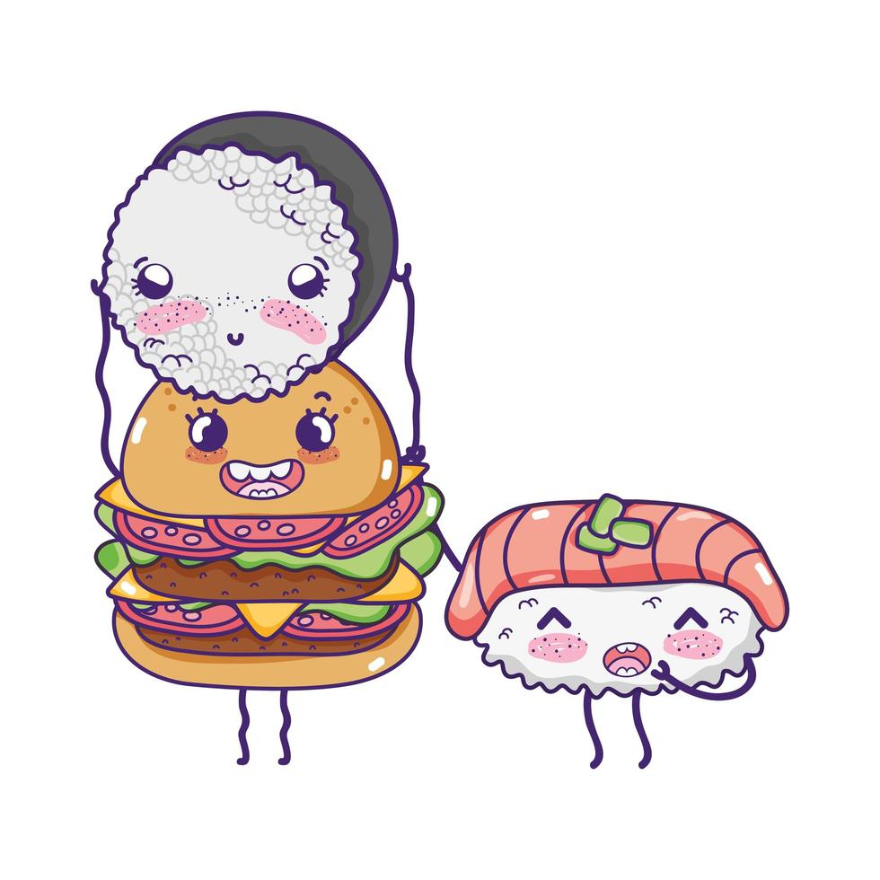 fast food cute burger with sushi with fish cartoon kawaii vector