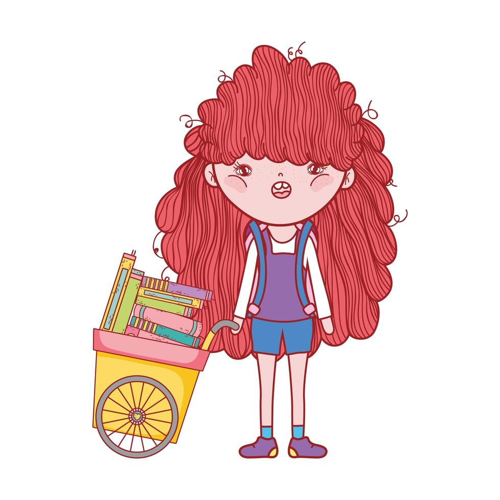 Linda chica con carro lleno de libros diseño aislado de dibujos animados vector