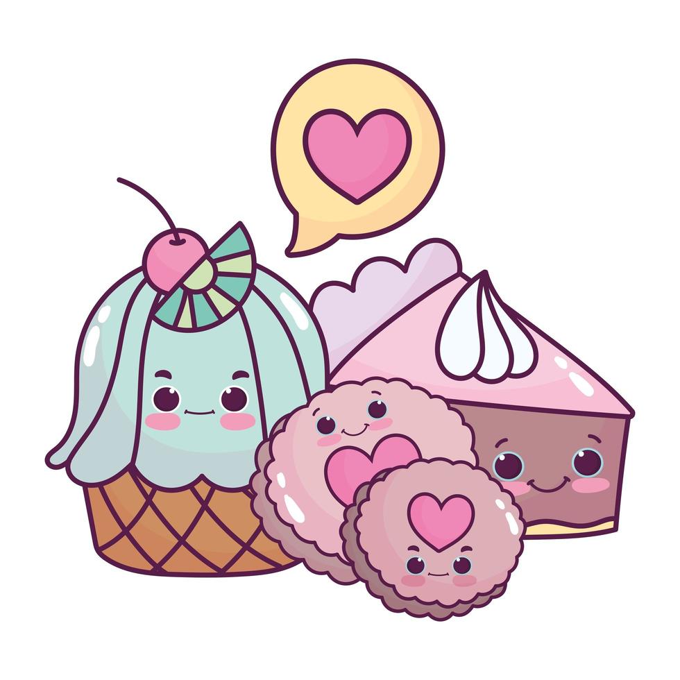 Cute food ice cream scoops and cupcake sweet Vector Image