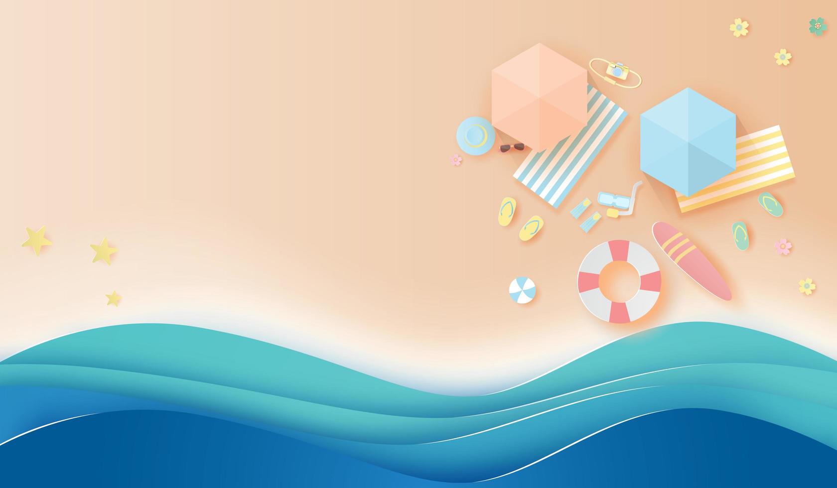 Paper art and craft style beach top view banner background vector