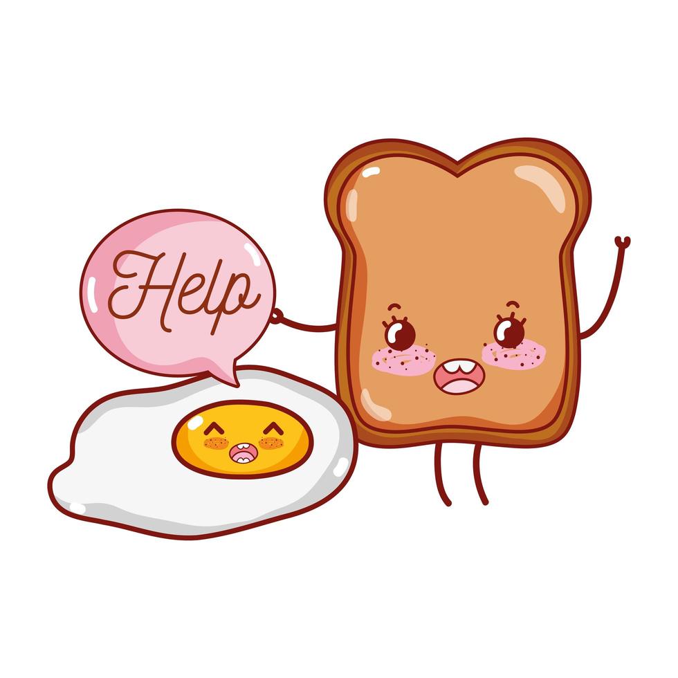 Desayuno lindo huevo frito y pan kawaii cartoon vector