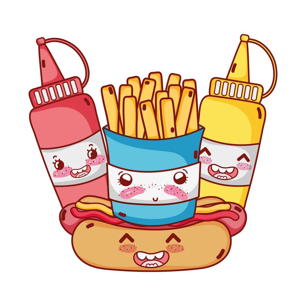 comida rápida linda papas fritas hot dog mostaza y salsa dibujos animados vector