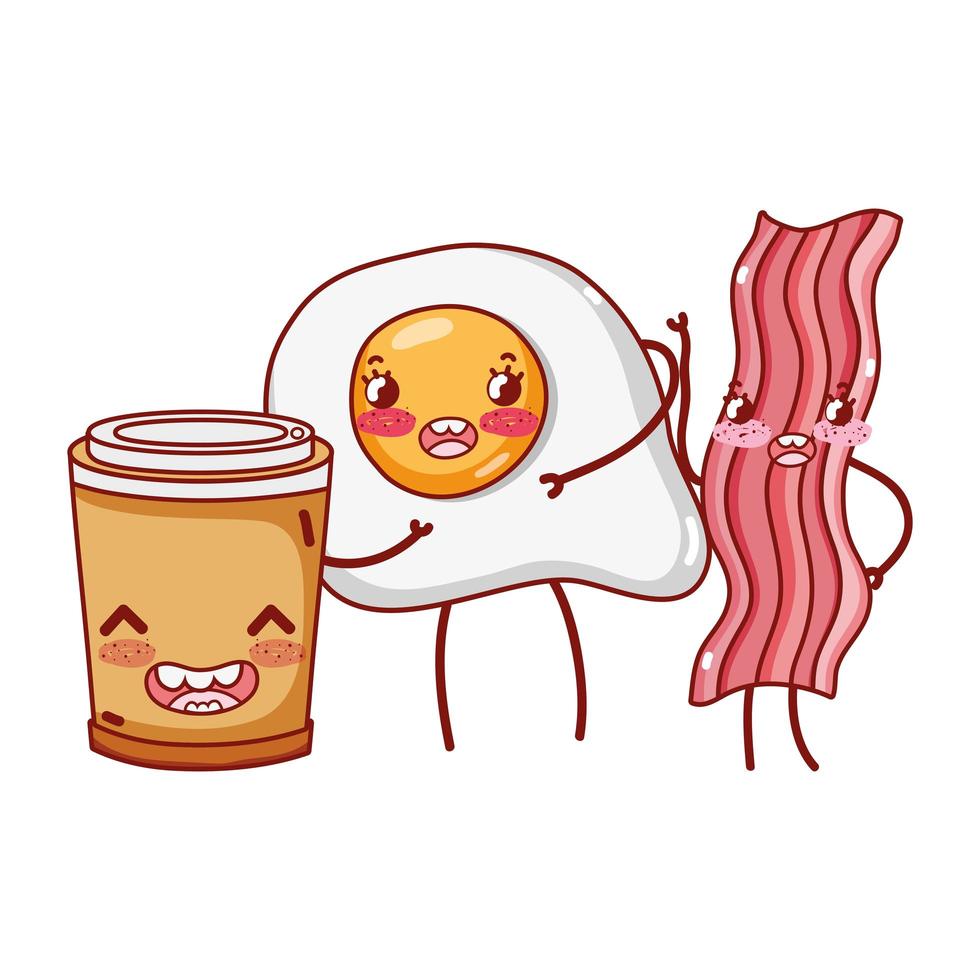 desayuno lindo tocino huevo frito y taza de café de plástico dibujos animados vector