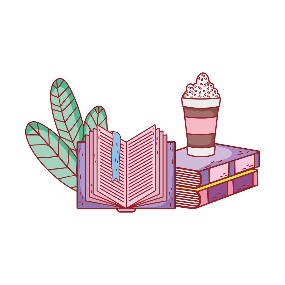 smoothie in stacked books and open book foliage vector