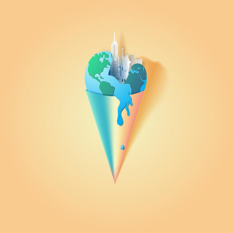 Paper art of Earth in an ice cream cone with New York City landmarks vector