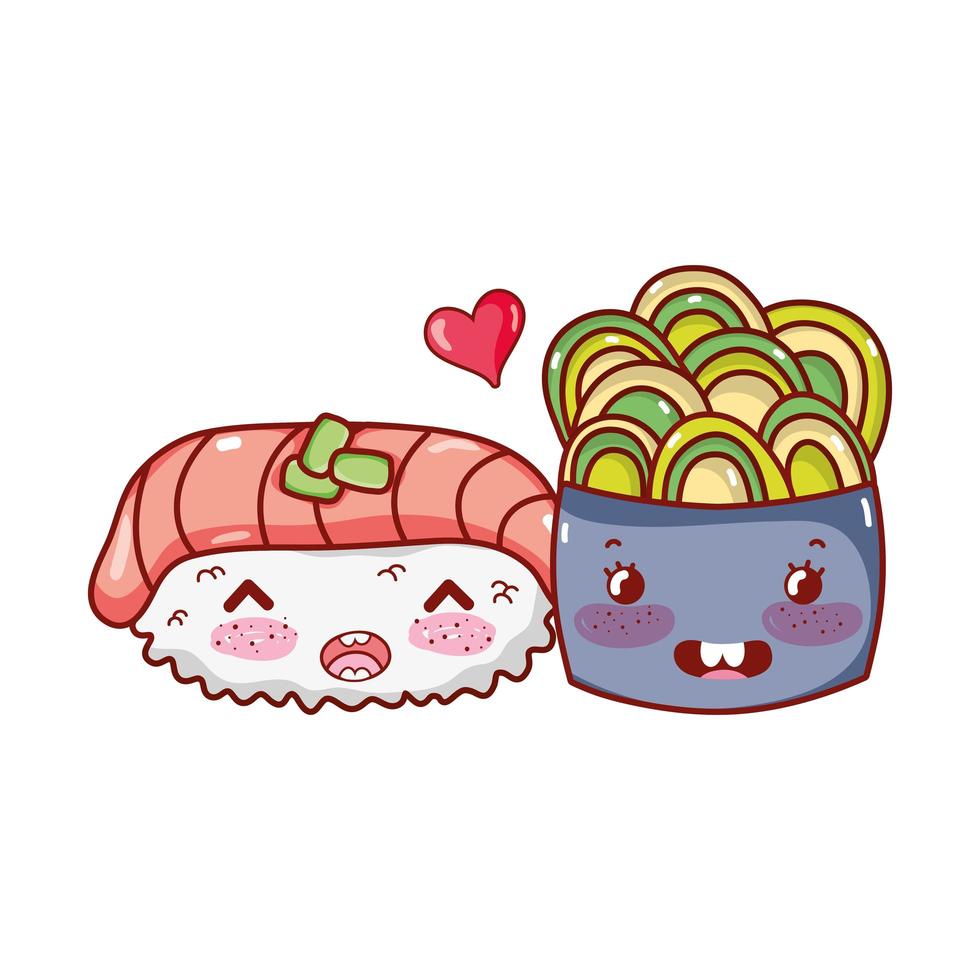 kawaii sushi salmón wasabi y ensalada comida dibujos animados japoneses, sushi y rollos vector