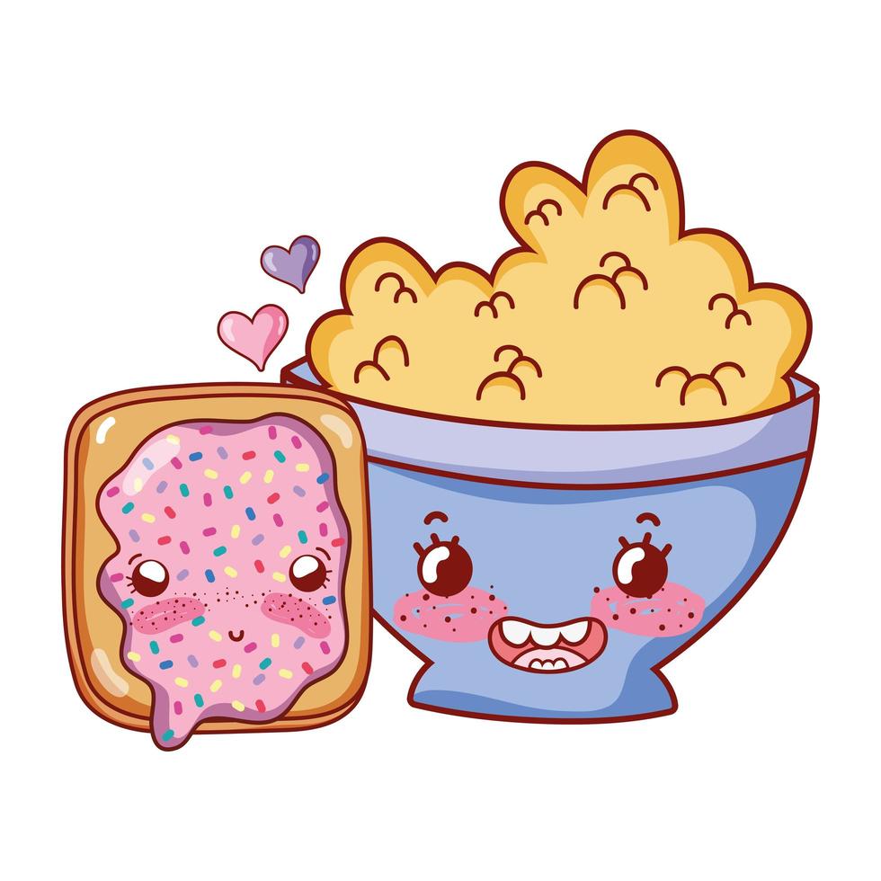 desayuno lindo cereal en un tazón y pan con dibujos animados vector