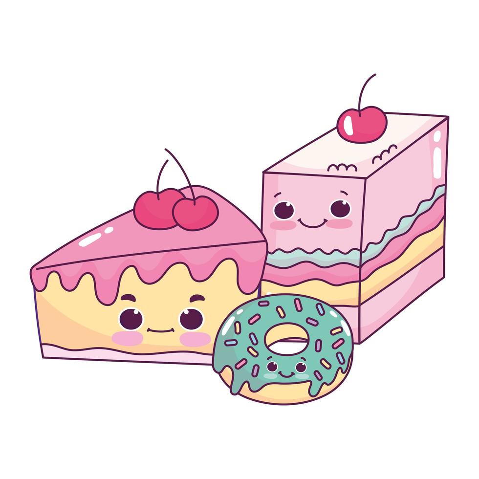 Cute food jelly cake y donut postre dulce pastelería diseño aislado de dibujos animados vector