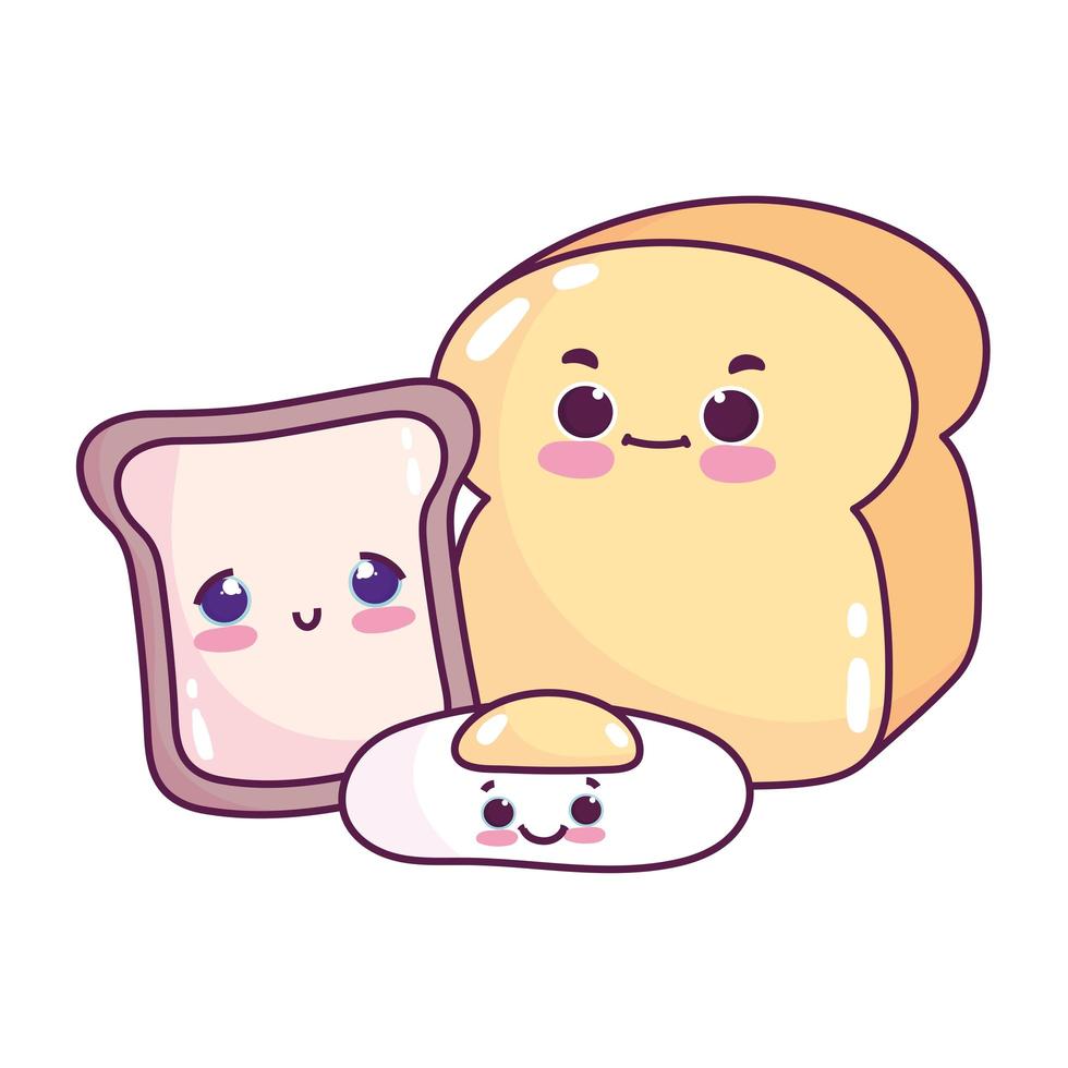 comida linda desayuno pan y huevo frito pan blanco postre dulce pastelería dibujos animados diseño aislado vector