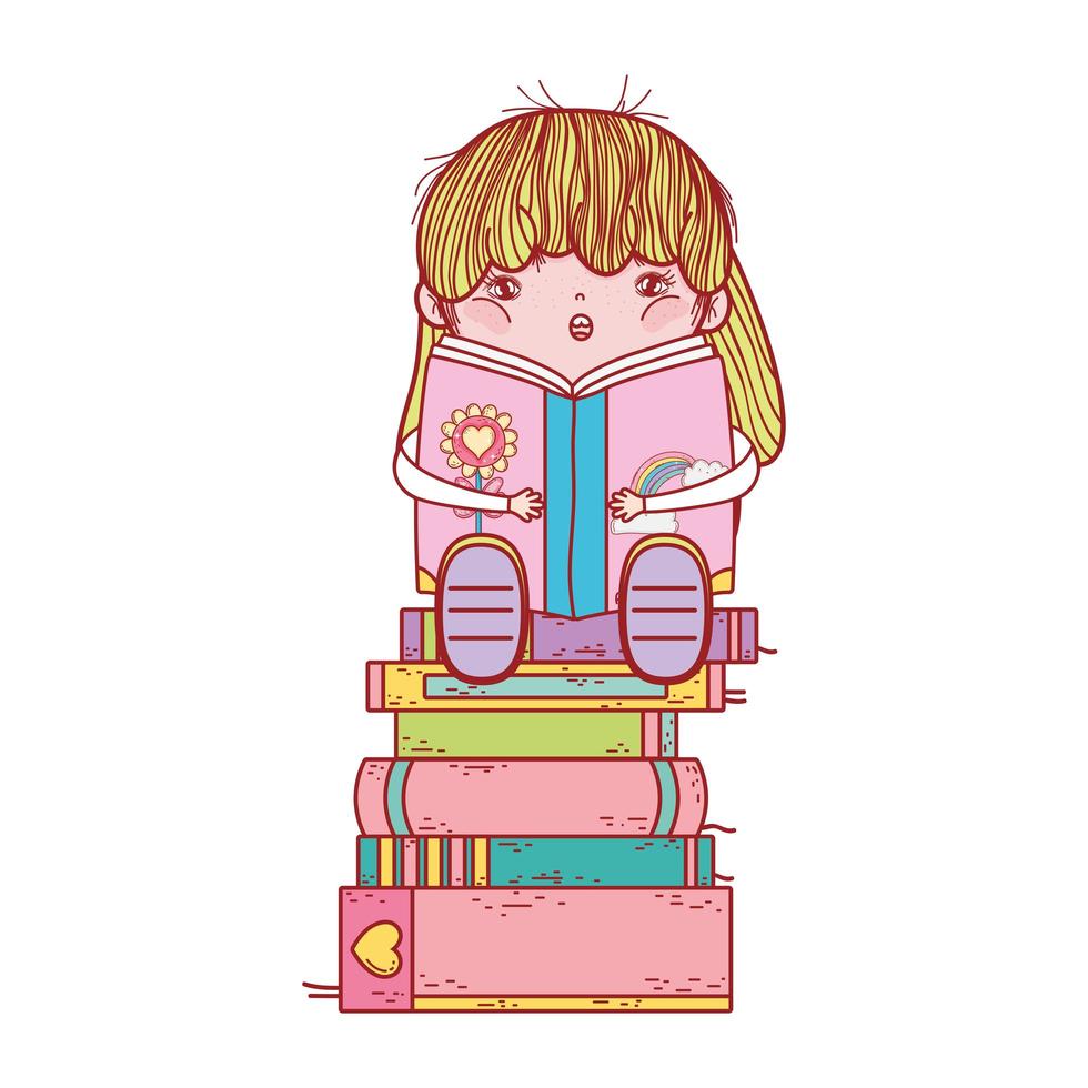 cute girl with smoothie and stacked books isolated design vector