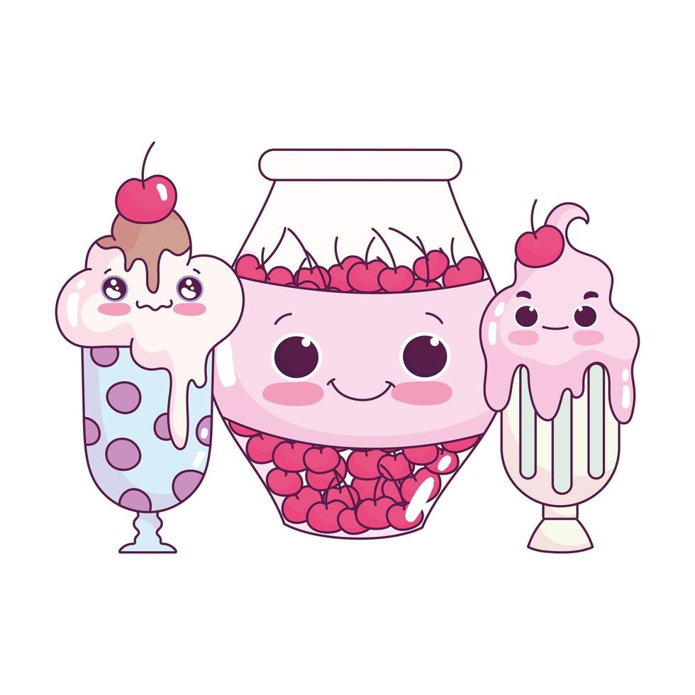 Copas de helado de comida linda y tarro con cerezas postre dulce pastelería diseño aislado de dibujos animados vector