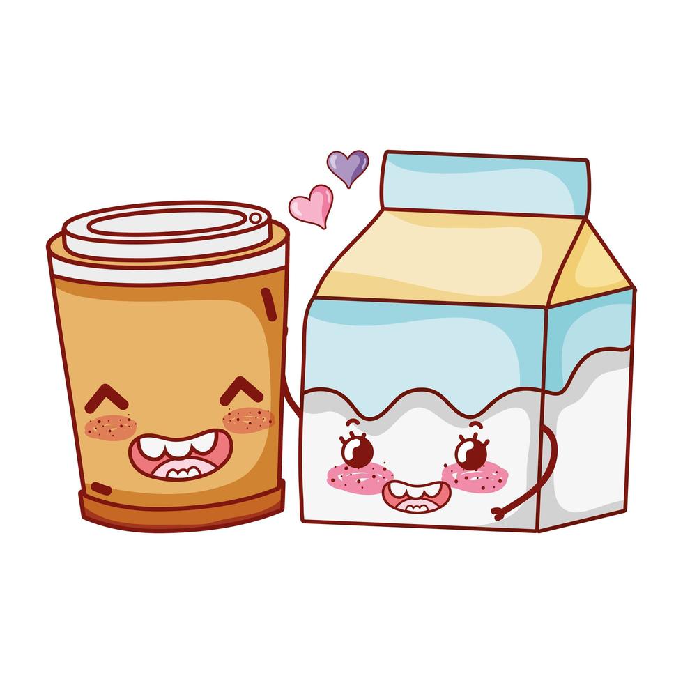 desayuno linda caja de leche y taza de café de plástico dibujos animados vector