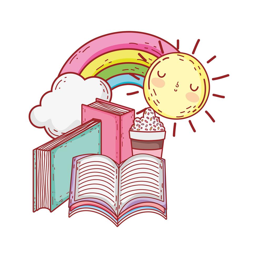 open book in stacked books rainbow sun cartoon vector