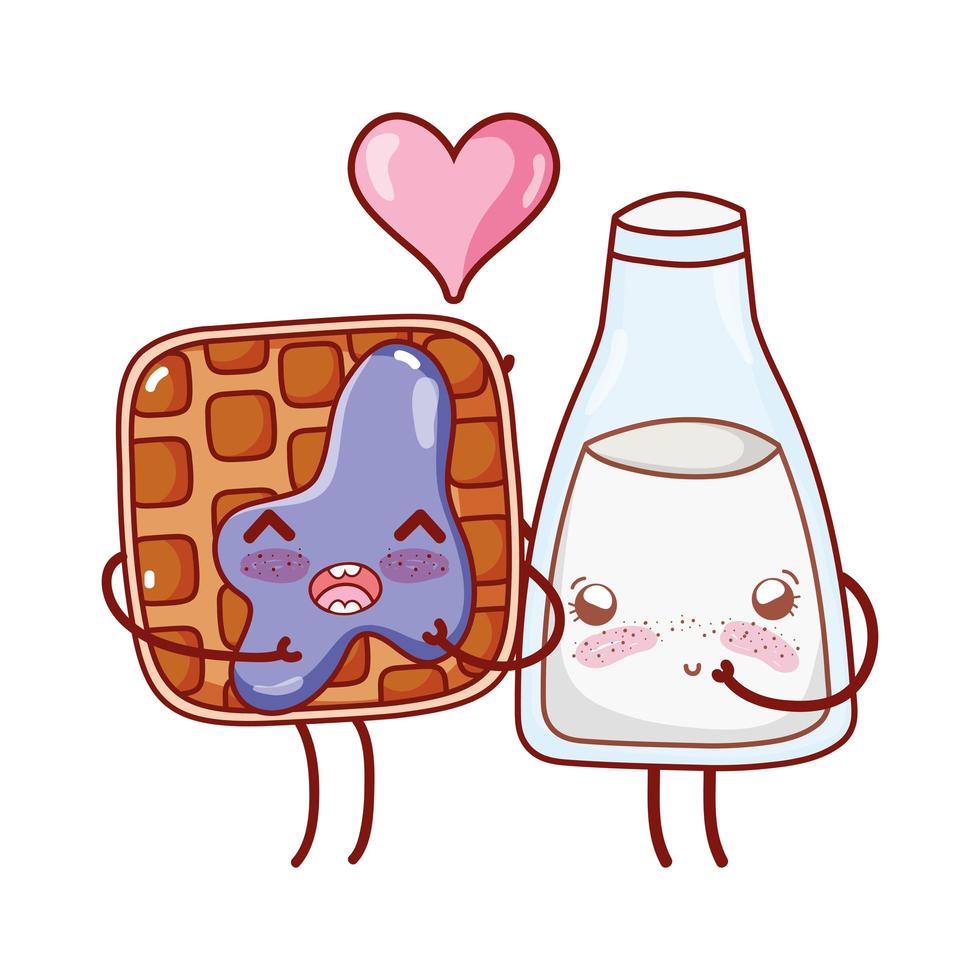 breakfast cute bread and milk bottle kawaii cartoon vector