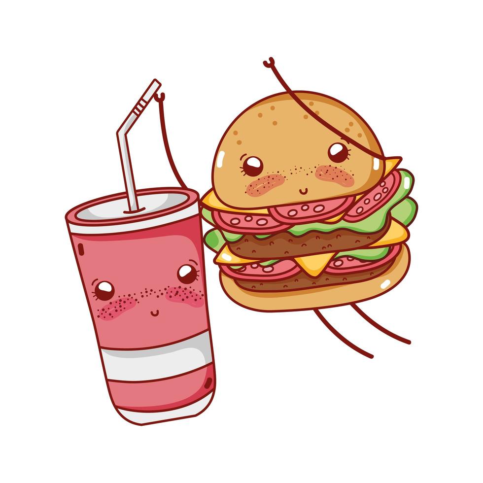 linda hamburguesa de comida rápida y vaso de plástico jugando en dibujos animados al aire libre vector