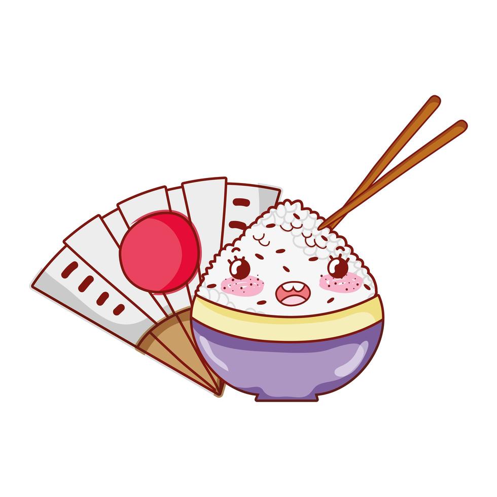 kawaii rice in bowl sticks food fan japanese cartoon, sushi and rolls vector