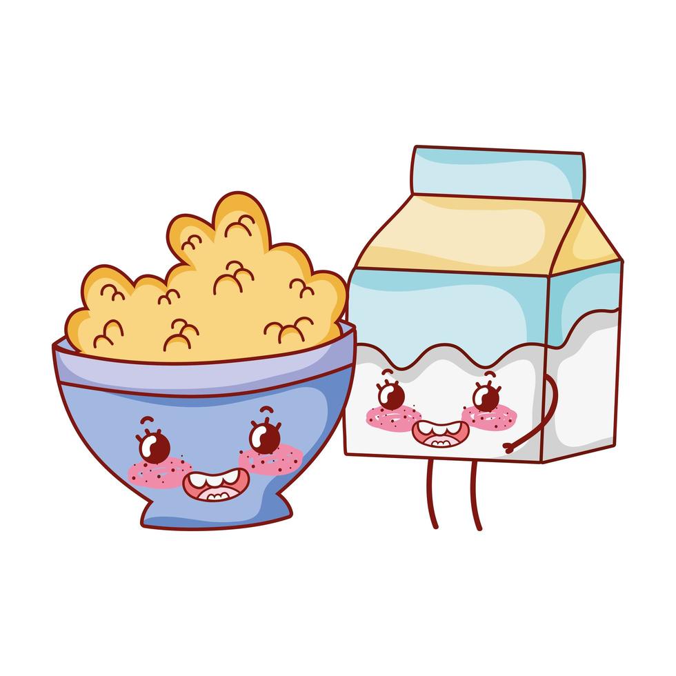 desayuno lindo tazón con cereal y caja de leche cartoon vector