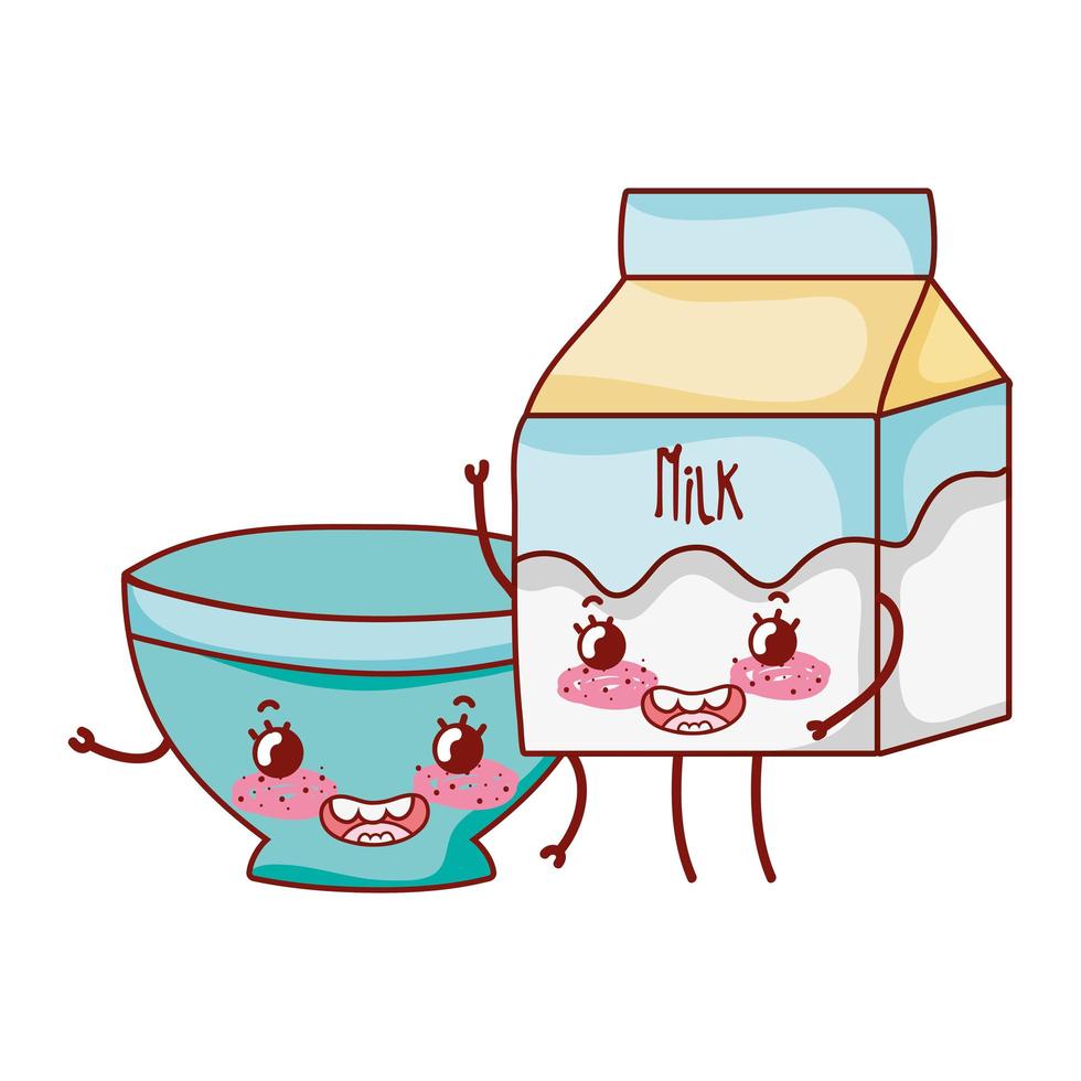 breakfast cute milk box and bowl kawaii cartoon isolated icon vector