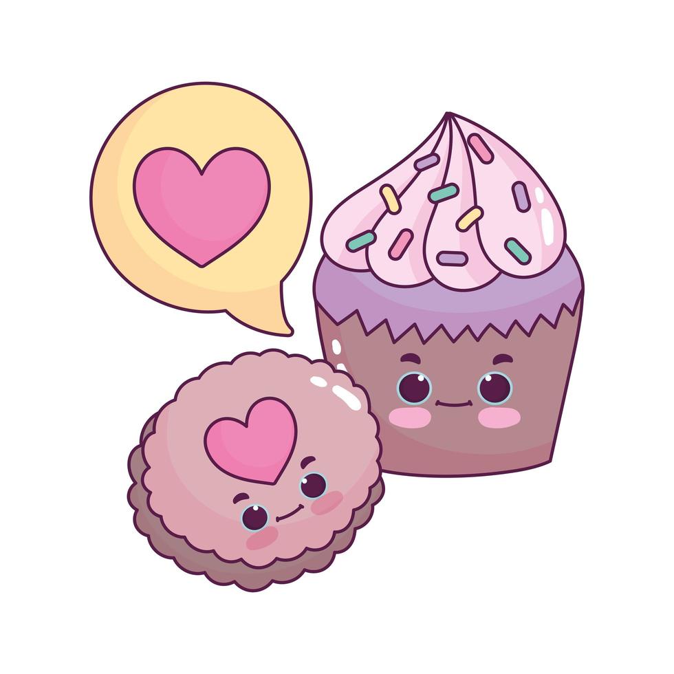 cute food cupcake and cookie love heart sweet dessert pastry cartoon isolated design vector