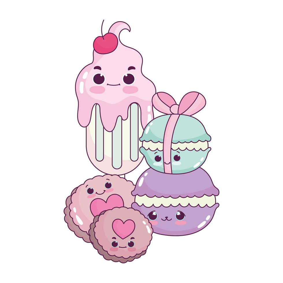 cute food ice cream macaroons and cookies sweet dessert pastry cartoon isolated design vector