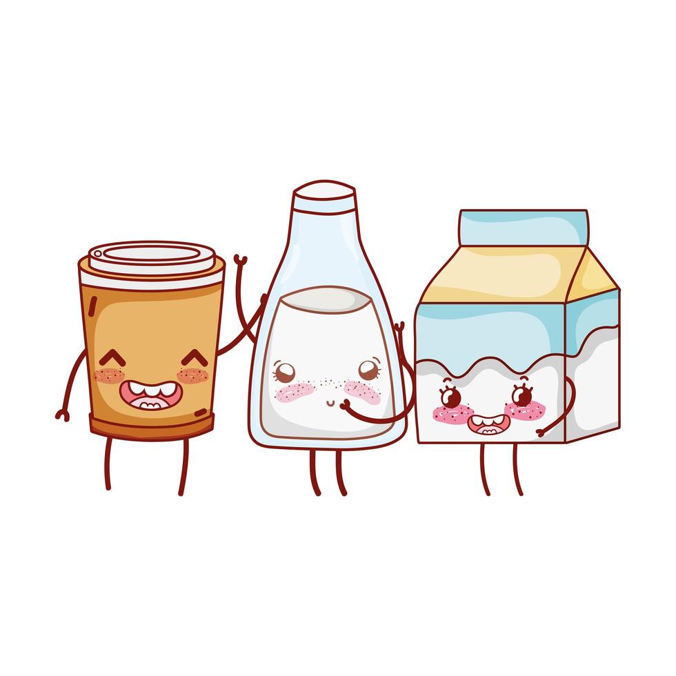 desayuno lindo vaso de plástico botella de leche y dibujos animados vector