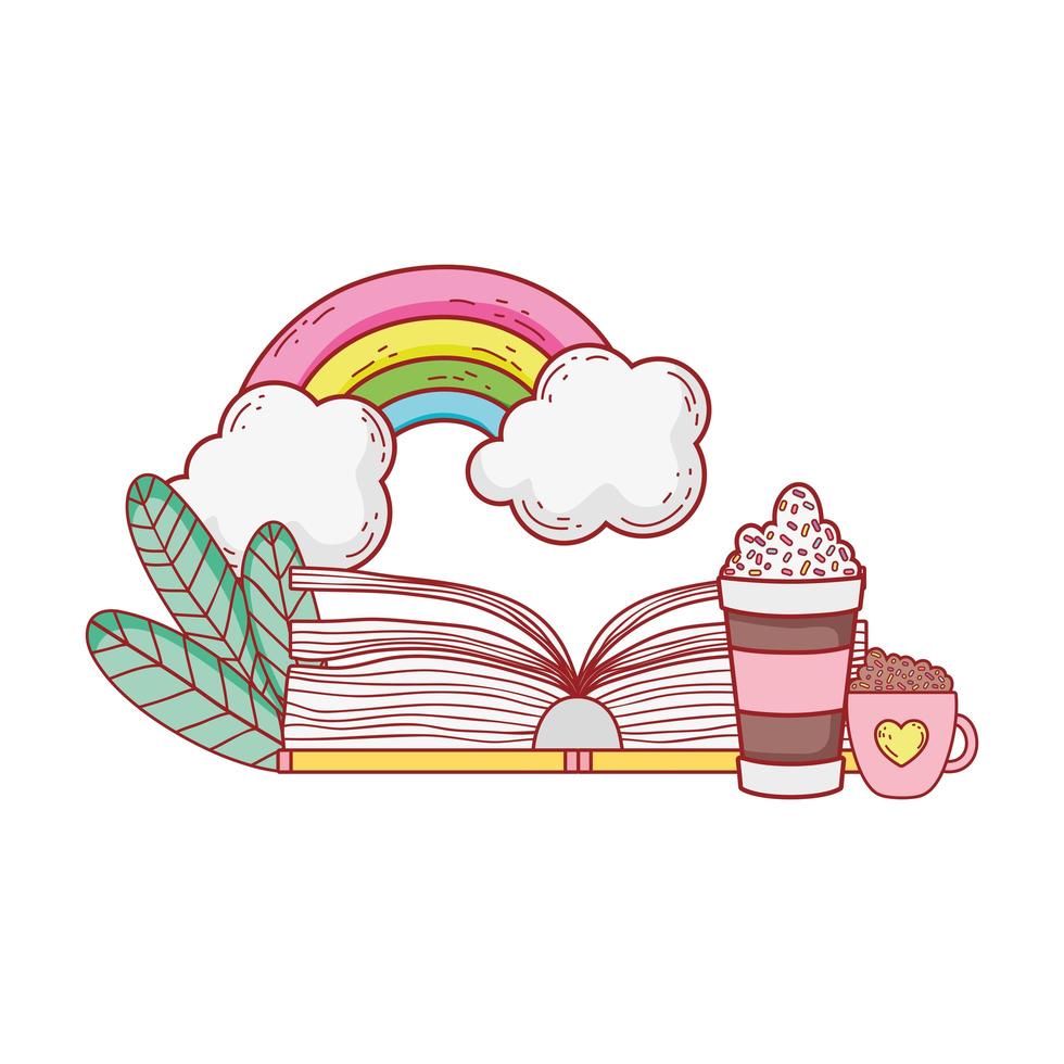 open book chocolate cup and frape rainbow grass cartoon vector