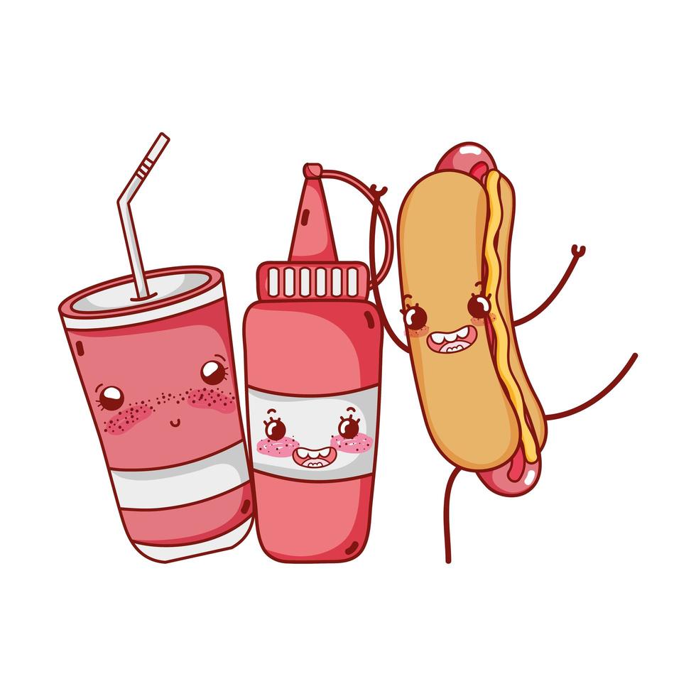 fast food cute hot dog sauce and plastic cup soda cartoon vector