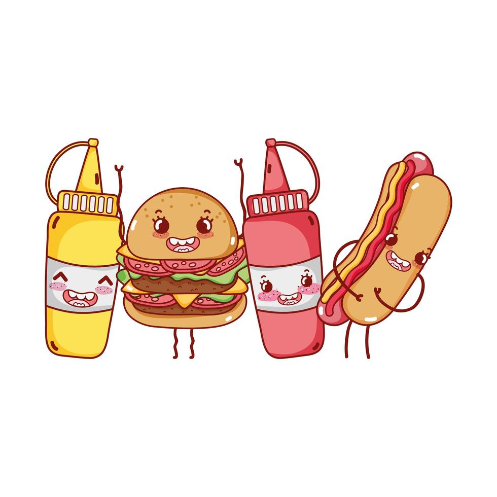 comida rápida linda hamburguesa hot dog salsas de mostaza personaje de  dibujos animados 1846233 Vector en Vecteezy