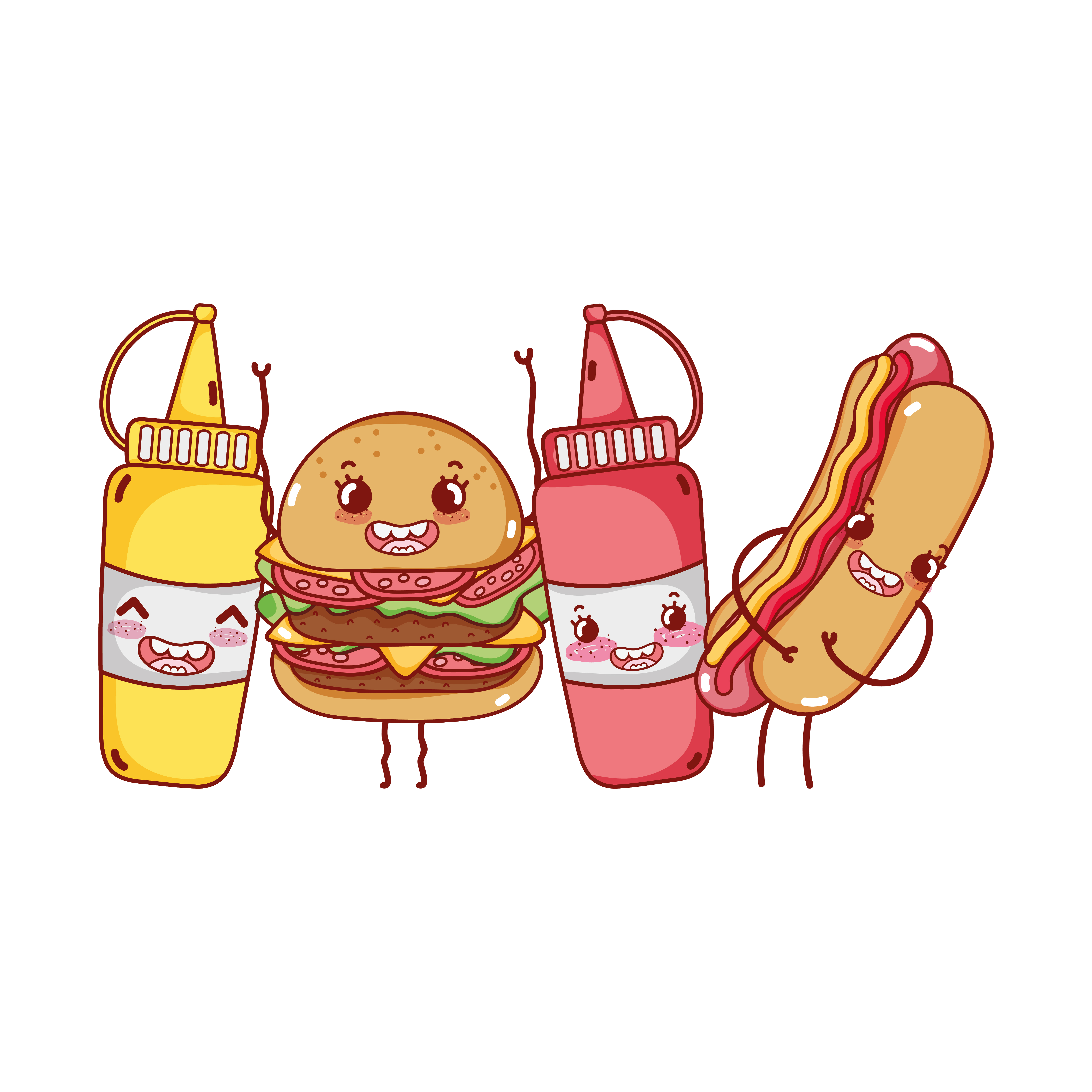 fast food cute burger hot dog mustard sauces cartoon character 1846233  Vector Art at Vecteezy