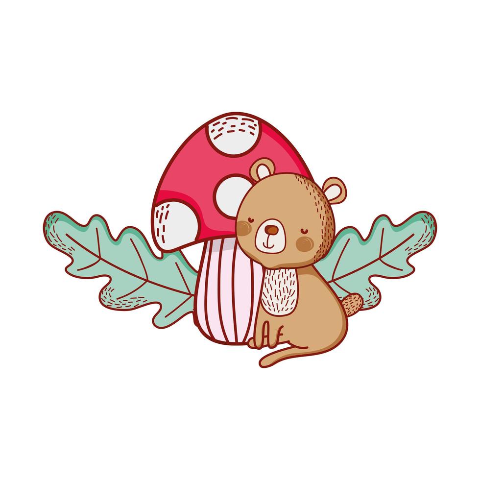 cute animals, bear with mushroom leaf foliage cartoon vector