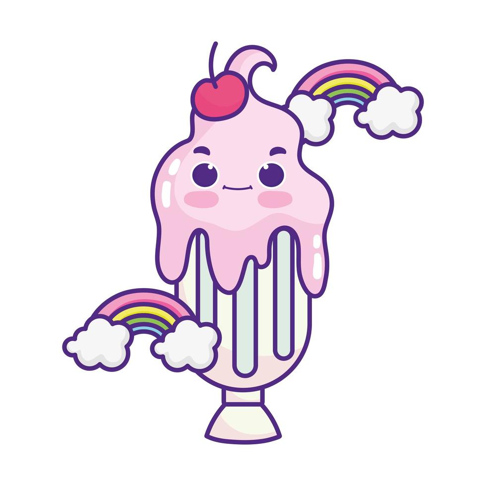 cute food milkshake cherry rainbows sweet dessert pastry cartoon isolated design vector