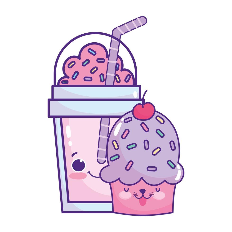 cute food frappe and cupcake cherry sweet dessert pastry cartoon isolated design vector