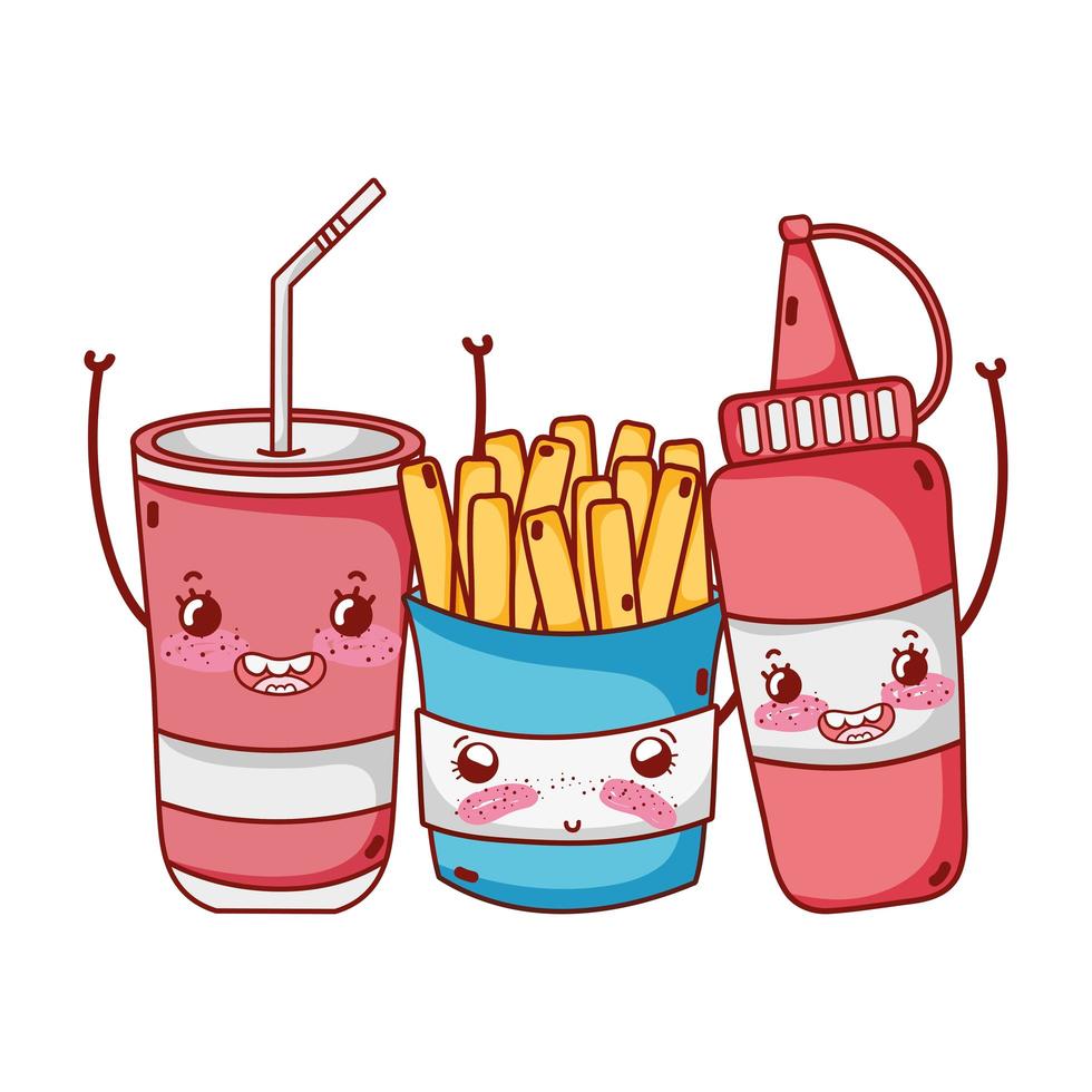 comida rápida, lindo, papas fritas, salsa, y, plástico, taza, caricatura vector