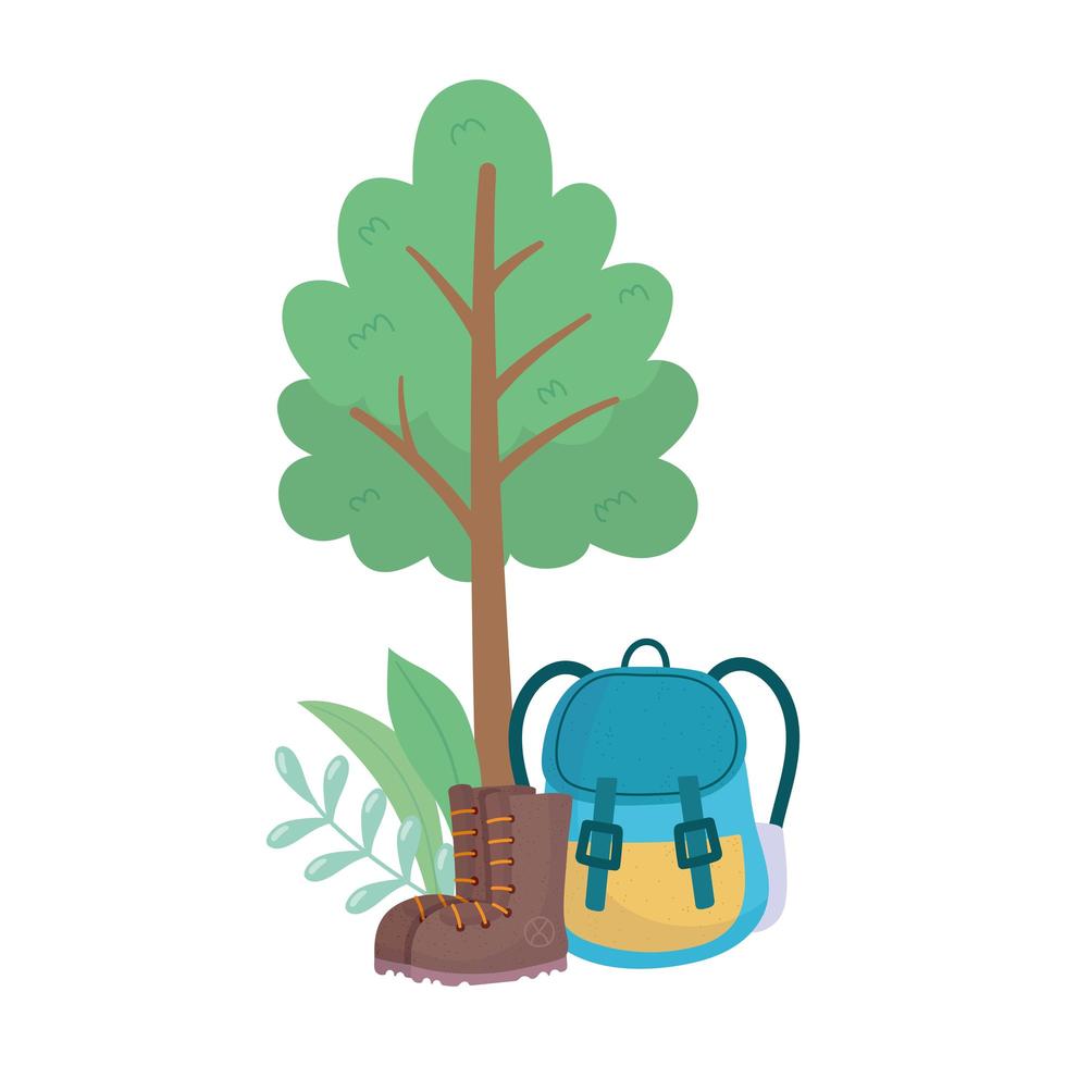 camping backpack boots equipment cartoon tree bush vector