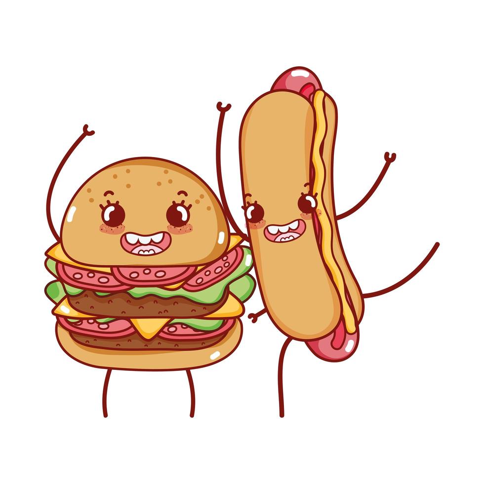 fast food cute tasty burger and hot dog cartoon vector