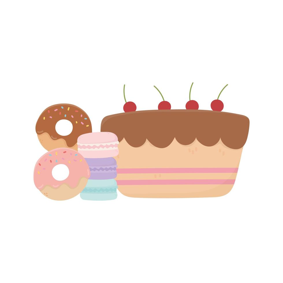 happy day, sweet cake donuts macaroons and candies vector