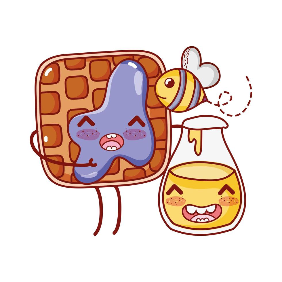 fast food waffle and honey bottle bee cartoon character vector