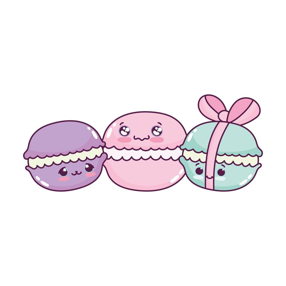 linda comida adorables macarrones dulce postre pastelería dibujos animados diseño aislado vector