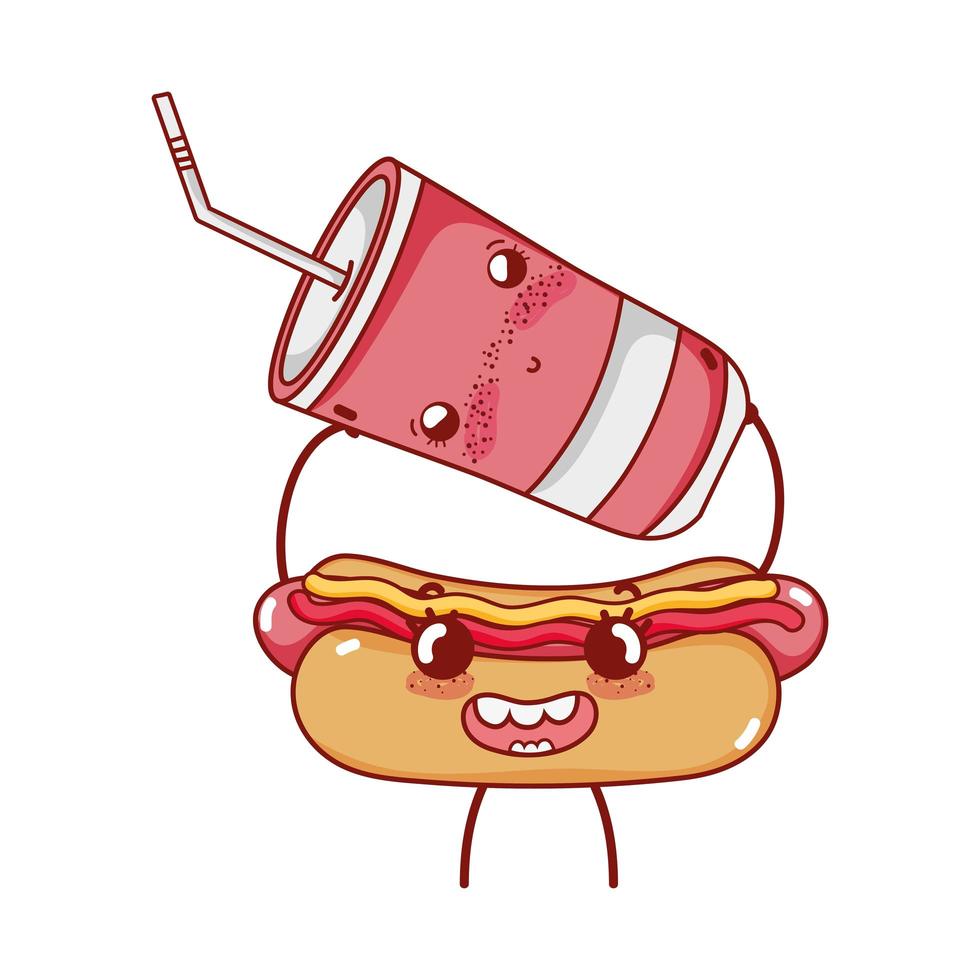 comida rápida lindo hot dog y vaso de plástico con dibujos animados vector