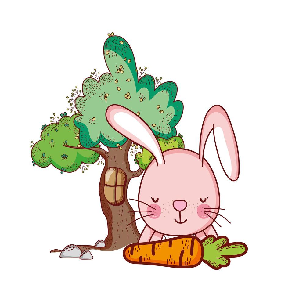 cute animals, pink rabbit with carrot tree grass cartoon vector