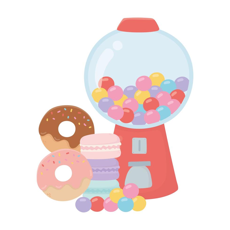 feliz día, máquina de chicles, rosquillas, caramelos, dibujos animados vector