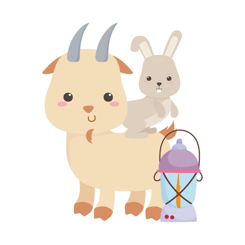 Camping lindo cabra y conejo con dibujos animados de linterna vector