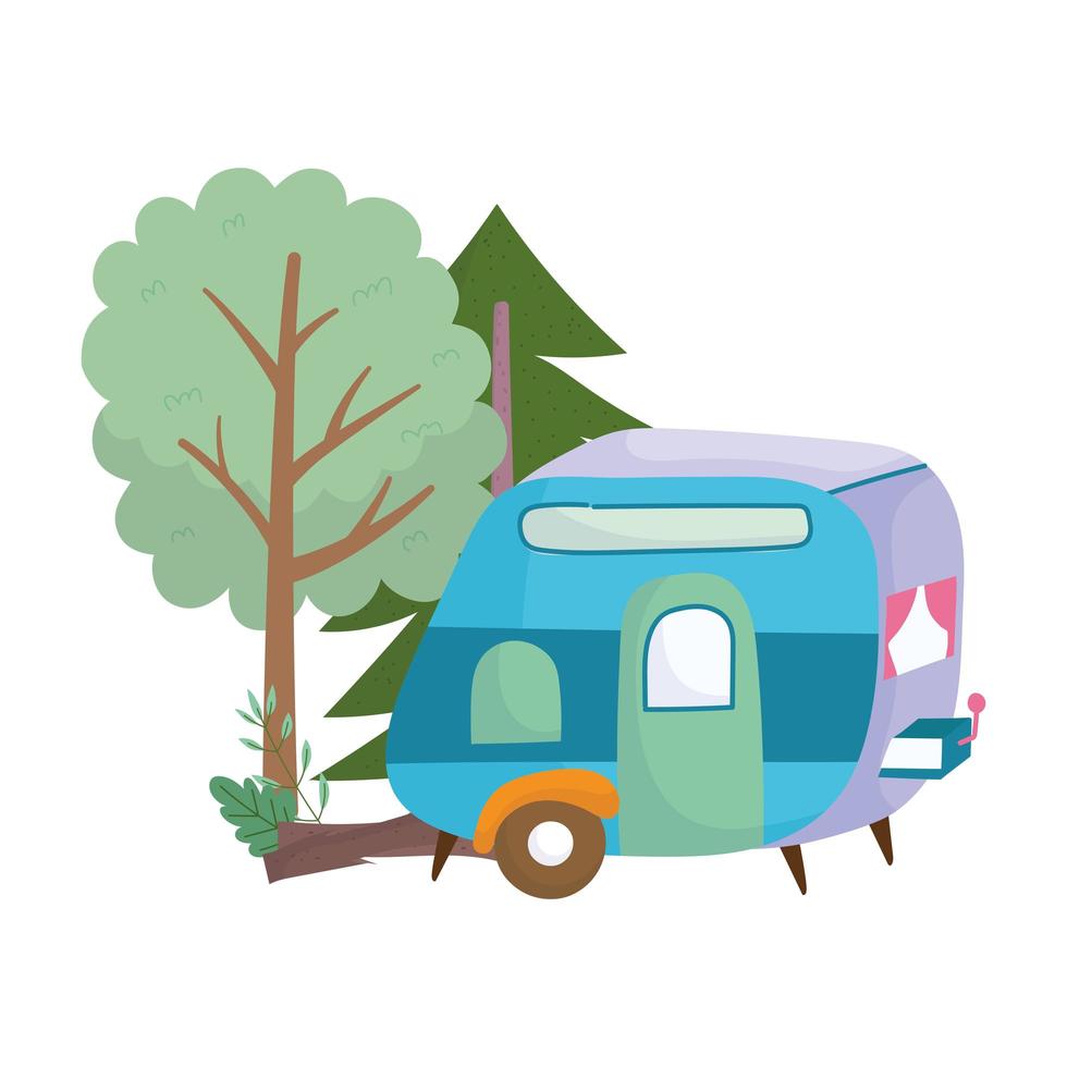 Camping remolque árboles bosque tronco dibujos animados aislado diseño de iconos vector