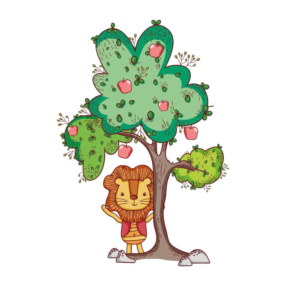 cute animals, little lion trees fruits nature vector