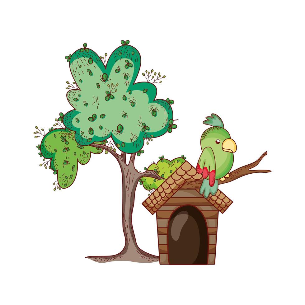 cute animals, parrots in branch tree cartoon isolated icon design vector