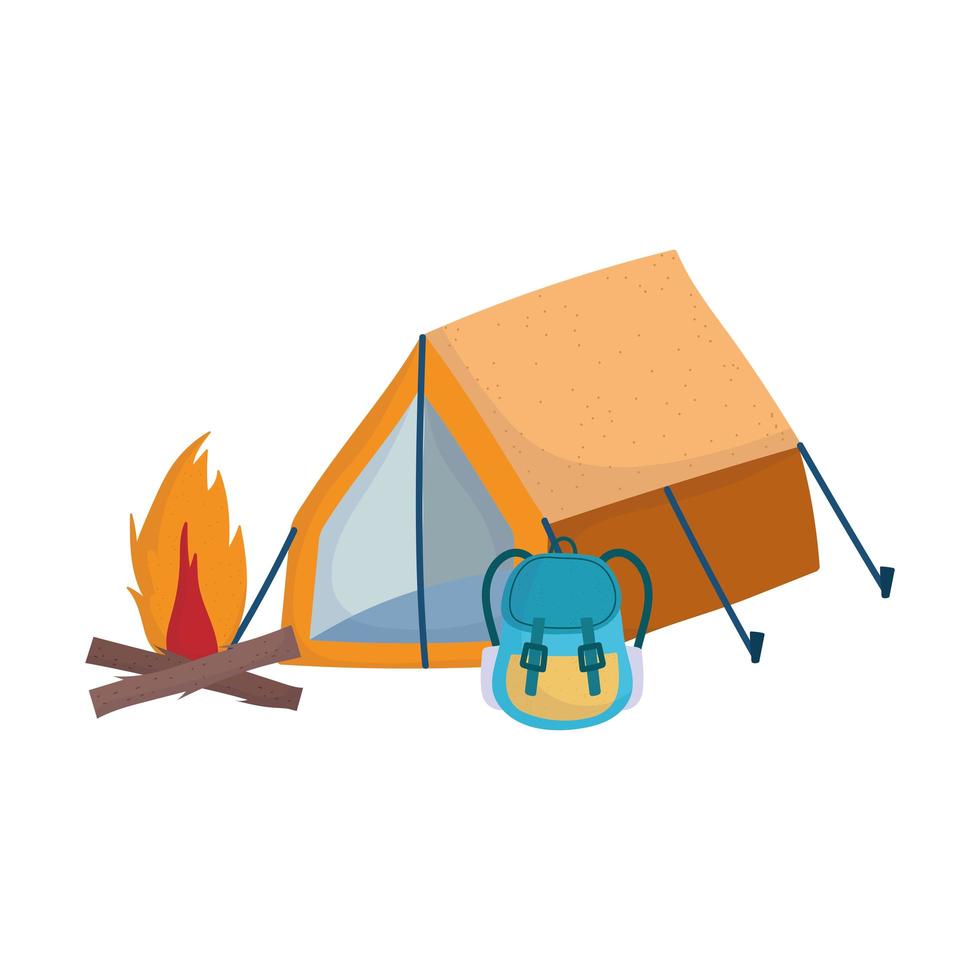 camping tent rucksack bonfire cartoon isolated icon design vector