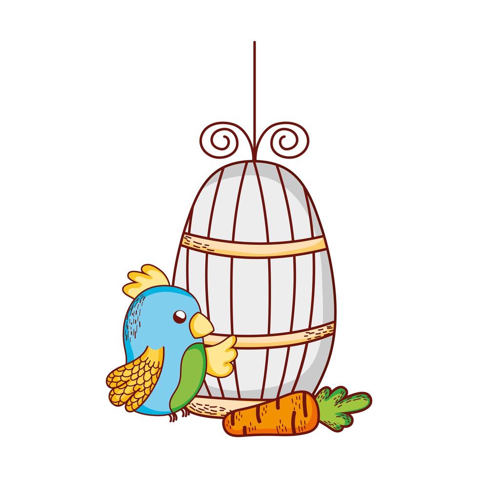 cute animals, blue parrot cage and carrot cartoon vector