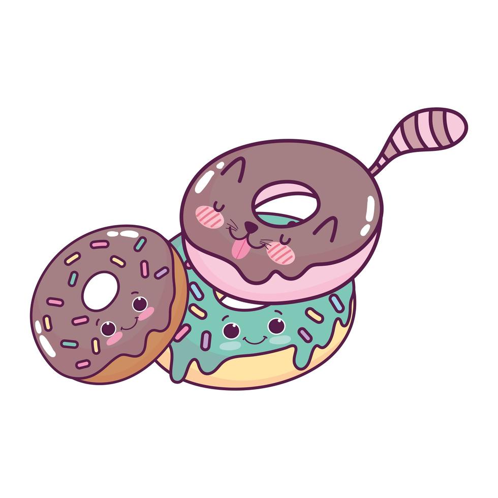 Cute food donuts kawaii dulce postre pastelería dibujos animados diseño aislado vector